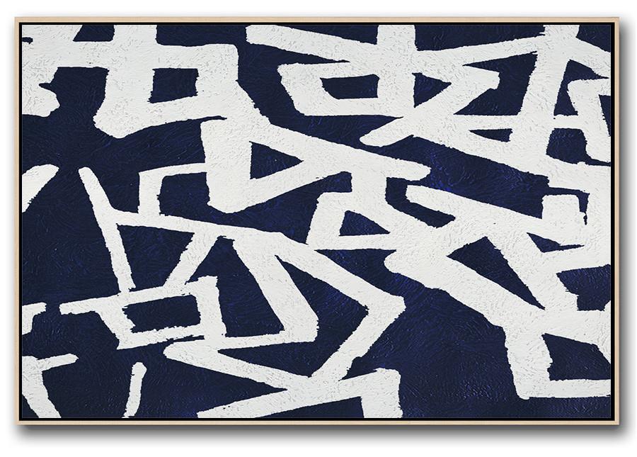 Horizontal Abstract Painting Navy Blue Minimalist Painting On Canvas - An Abstract Artwork Huge